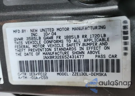 2005 Toyota Corolla Ce z USA, uszkodzony, nr VIN 1NXBR32E65Z431477